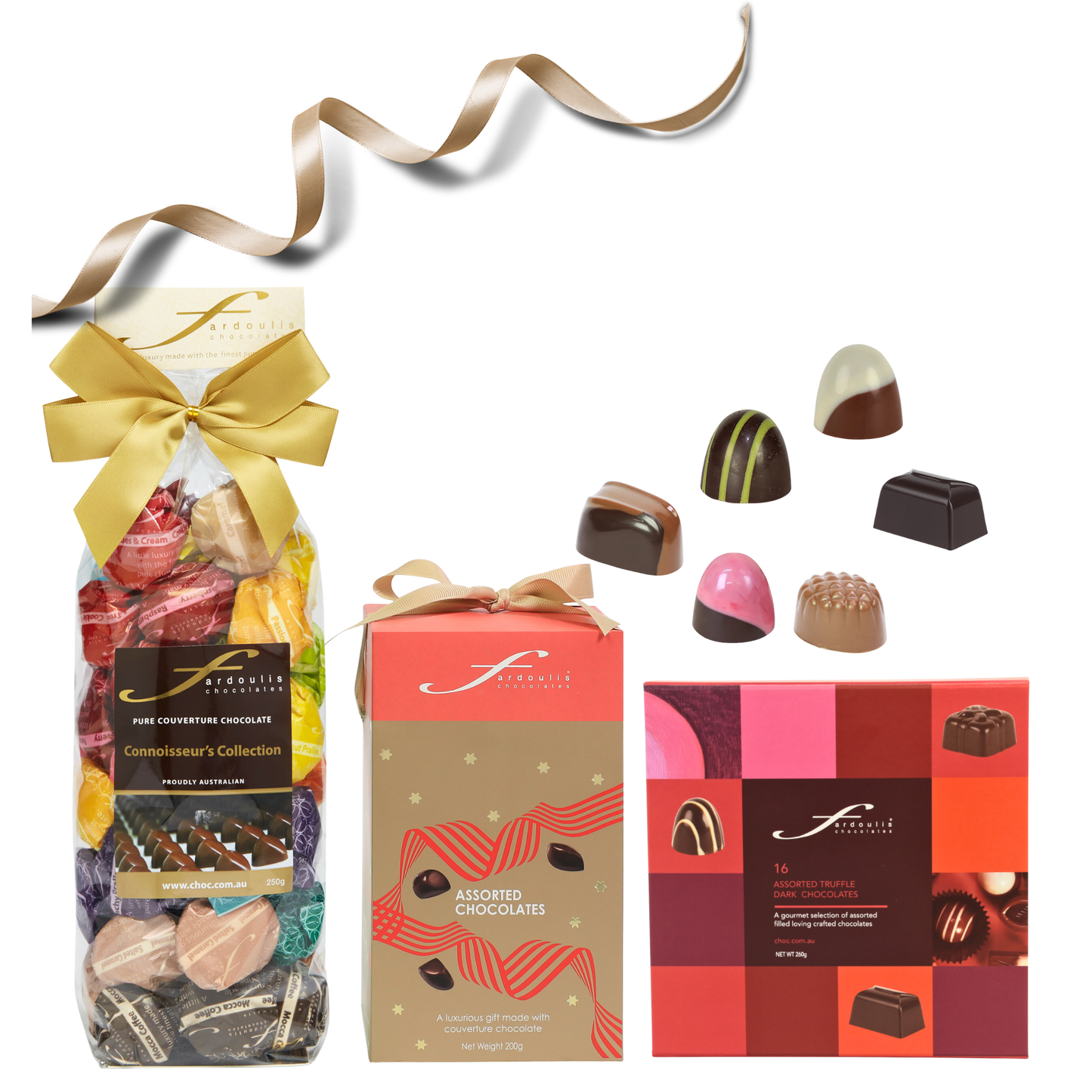 A luxury gift pack featuring gourmet creme ganache chocolates in festive designs