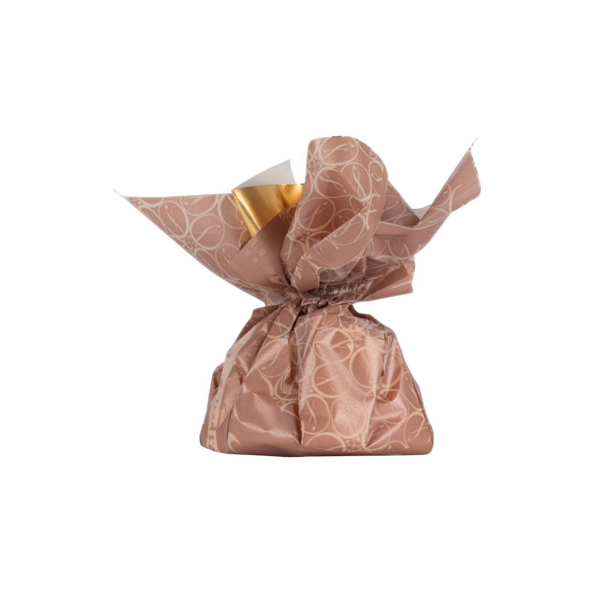 “Fardoulis salted caramel truffle chocolate in a rose-gold wrapper with a pale circular pattern.”