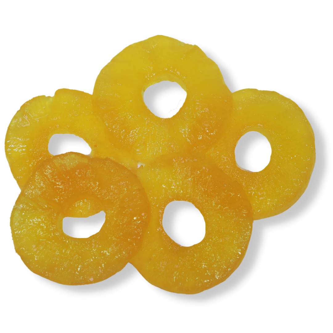 Shop glacé pineapple in 500 g or 1 kg sizes. A sweet, colourful tropical ingredient for desserts, baking and special occasions from Fardoulis Chocolates.