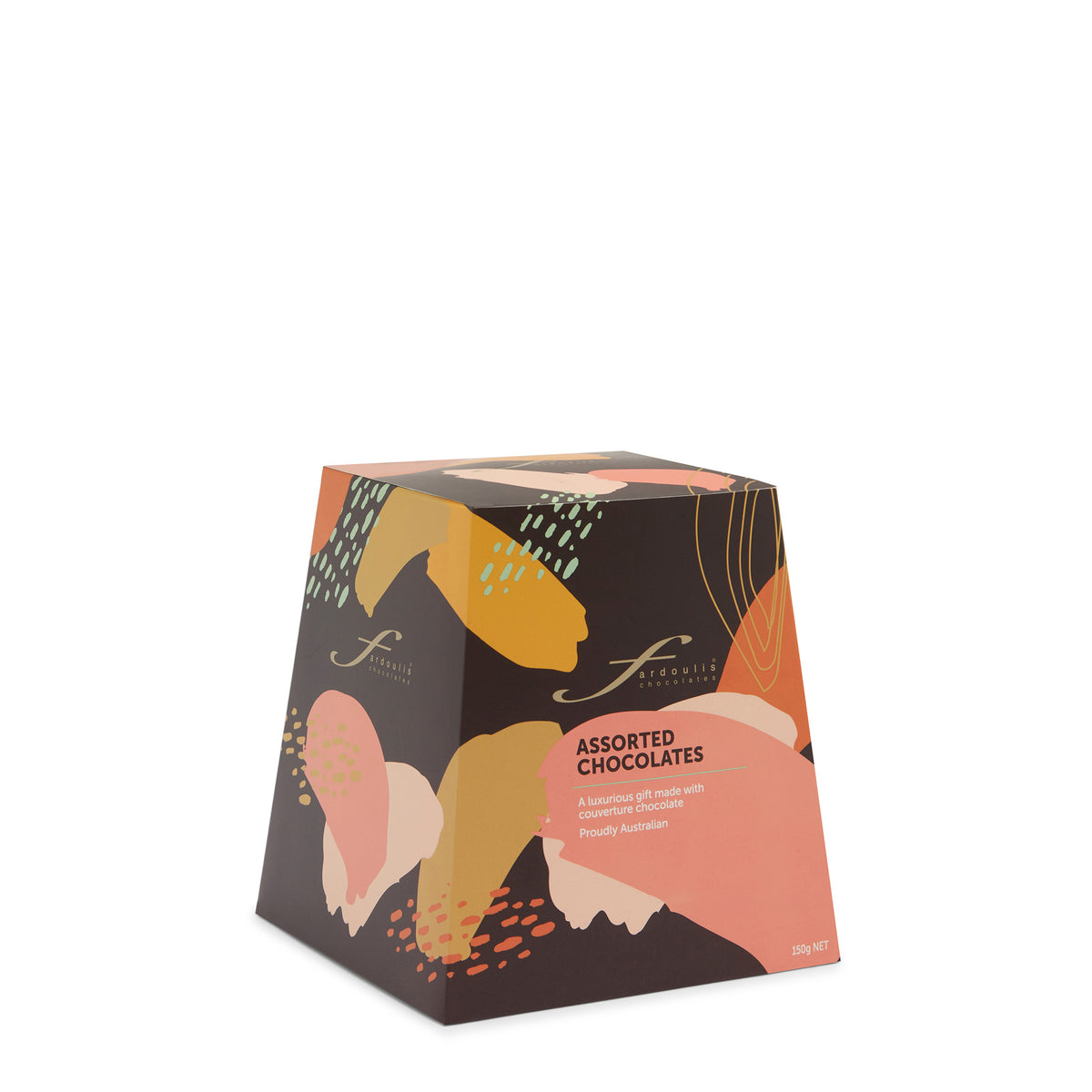 Discover 15 assorted crème- and truffle-filled couverture chocolates in the 150g Art Deco Peaches gift box from Fardoulis Chocolates.