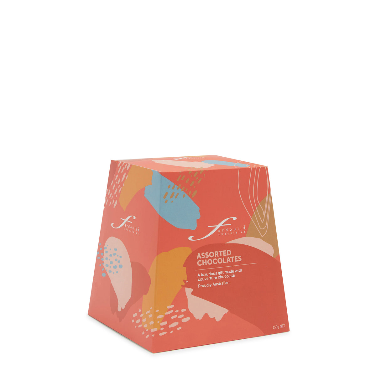  “Fardoulis assorted chocolate gift box with a coral background and colourful abstract patterns.”