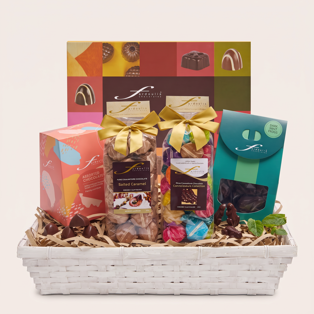 “Fardoulis Celebration Gourmet Chocolate Hamper in a white basket with assorted chocolate boxes, gold-bowed gift bags and dark mint frogs.”