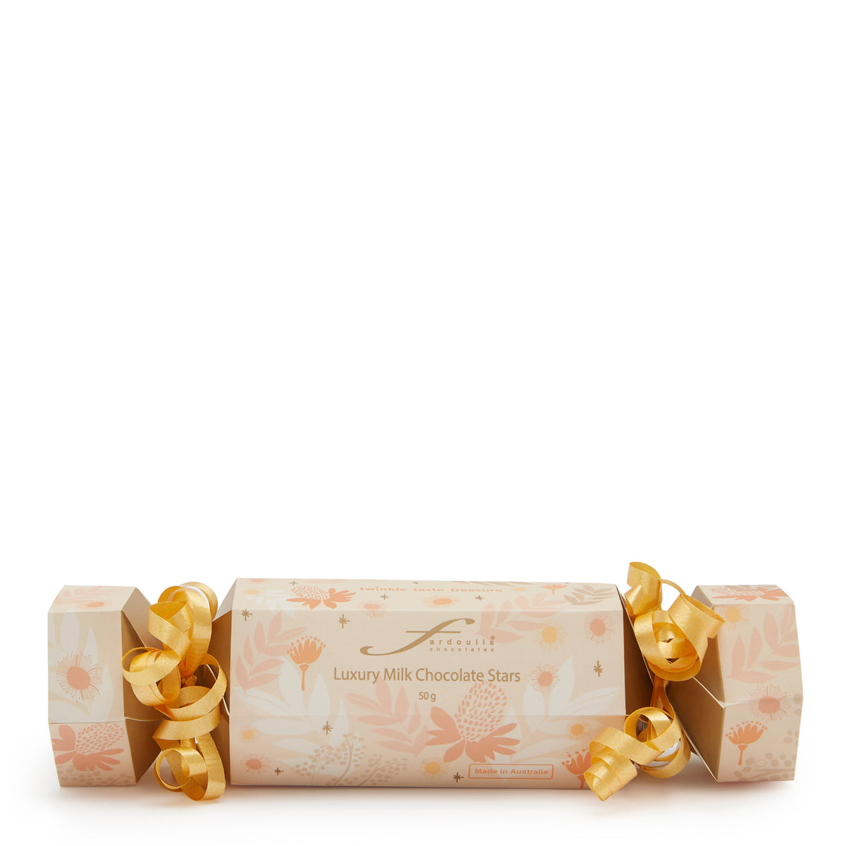 Fardoulis milk chocolate stars bonbon in cream botanical packaging with gold curling ribbons at each end.”