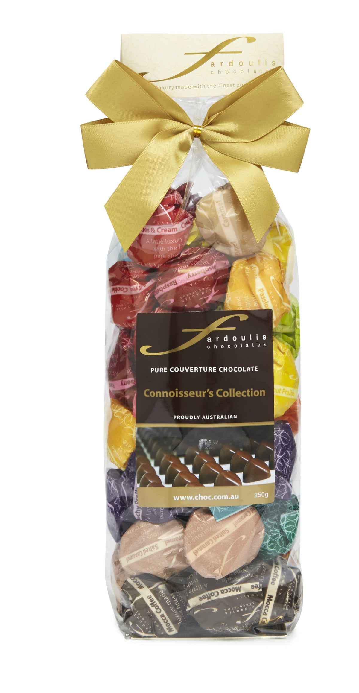 Fardoulis Connoisseurs Collection chocolates in colourful wrappers inside a clear gift bag tied with a gold satin bow
