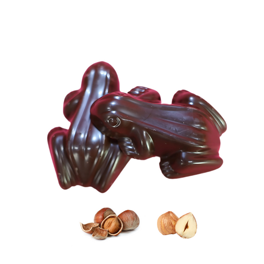 Shop dark chocolate hazelnut praline frogs in 250 g, 500 g or 1 kg sizes. Bold dark chocolate with a smooth hazelnut praline crème centre from Fardoulis Chocolates.