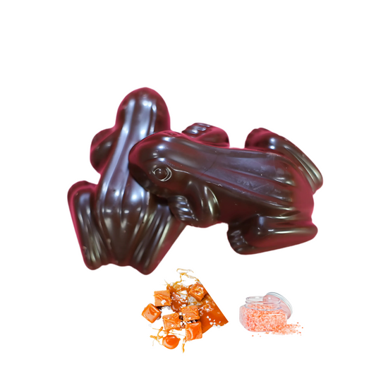 Rich dark chocolate frogs with a creamy salted caramel centre. A fun and indulgent gift for any occasion. Shop Fardoulis Chocolates.
