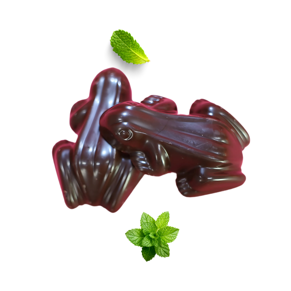 Dark mint frogs made with rich dark chocolate