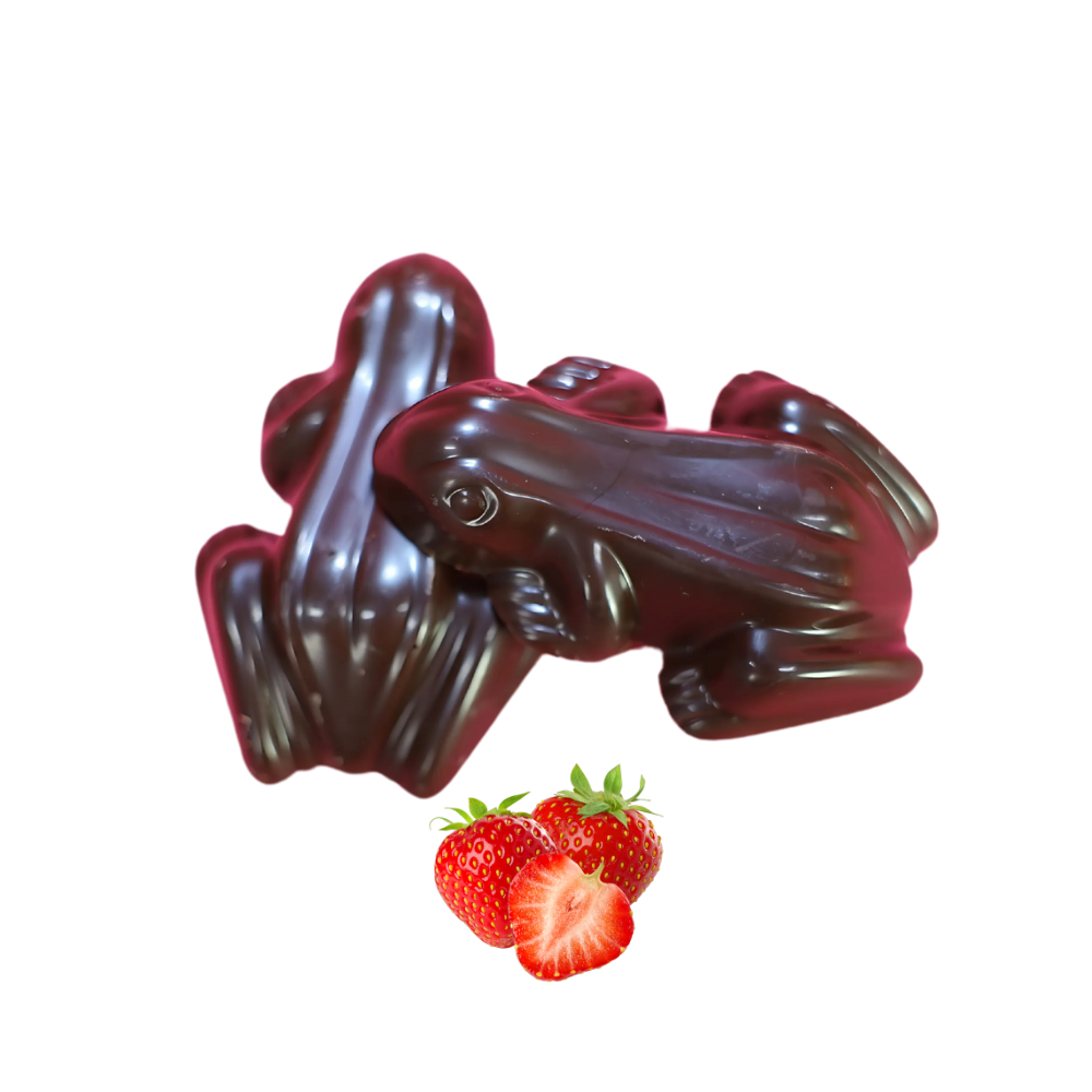 Dark strawberry frogs made with rich strawberry dark chocolate