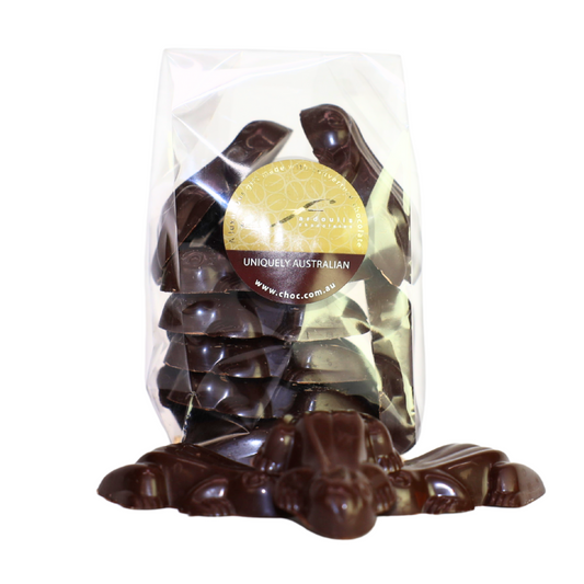 Shop Fardoulis 55% dark chocolate frogs made with couverture cocoa chocolate. Each frog is 22g, with 250g, 500g and 1kg pack options.