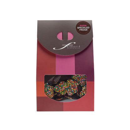 Front view of the Fardoulis dark chocolate speckled frog gift box, with colourful speckles visible through the window.”