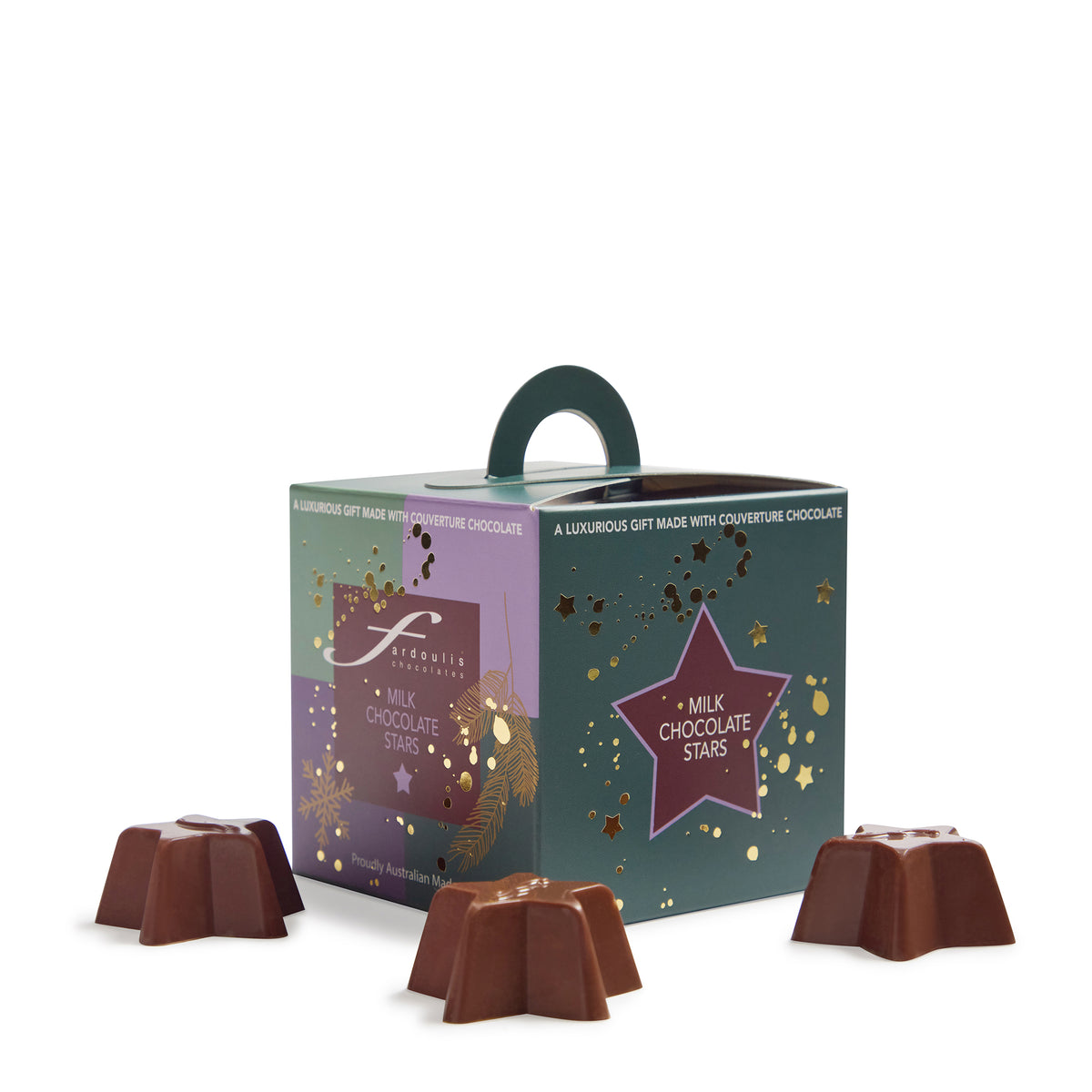 Shop Christmas Milk Chocolate Stars Trinket 60g online. A cute stocking-filler or gift topper handmade with Fardoulis' premium couverture chocolate.