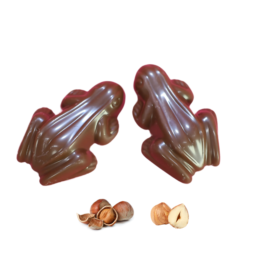 Shop milk chocolate hazelnut praline frogs in 250 g, 500 g or 1 kg sizes. Smooth milk chocolate with a rich hazelnut crème praline  centre from Fardoulis Chocolates.