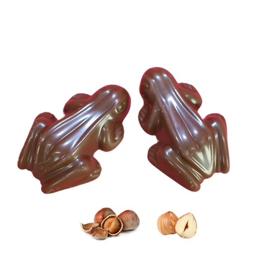 Shop milk chocolate hazelnut praline frogs in 250 g, 500 g or 1 kg sizes. Smooth milk chocolate with a rich hazelnut crème praline  centre from Fardoulis Chocolates.