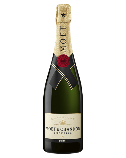 Moët & Chandon Impérial Brut Champagne bottle with a gold foil neck, red seal and cream label.