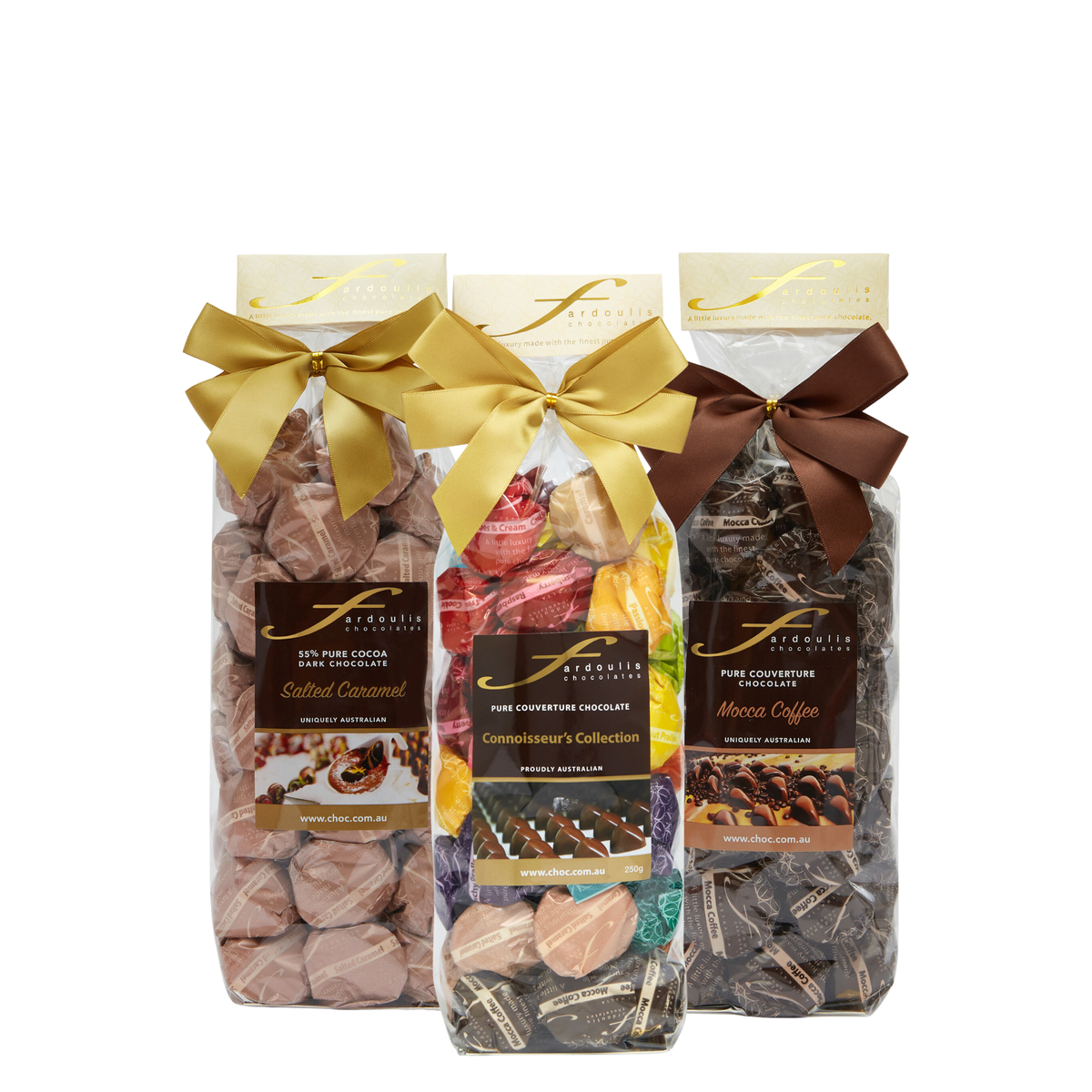 Gift coffee-laced truffles, salted caramel  chocolates and a Connoisseurs assorted bag. Discover the Mocca Coffee &  Salted Cramel Collection from Fardoulis.