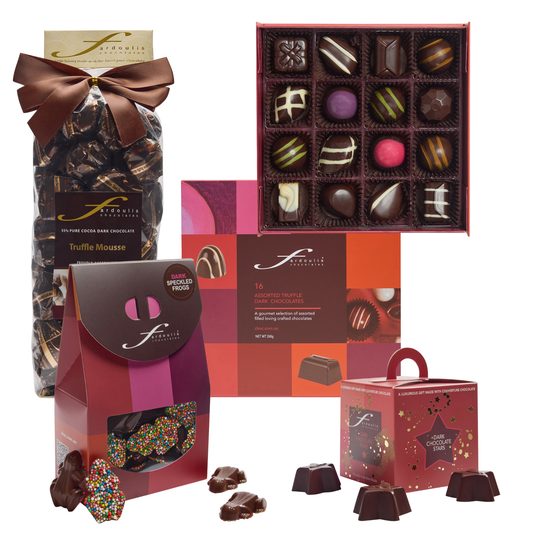 Explore dark truffle mousse, a Popart gourmet gift box, dark chocolate frog speckles and stars in this Fardoulis chocolate gift collection.