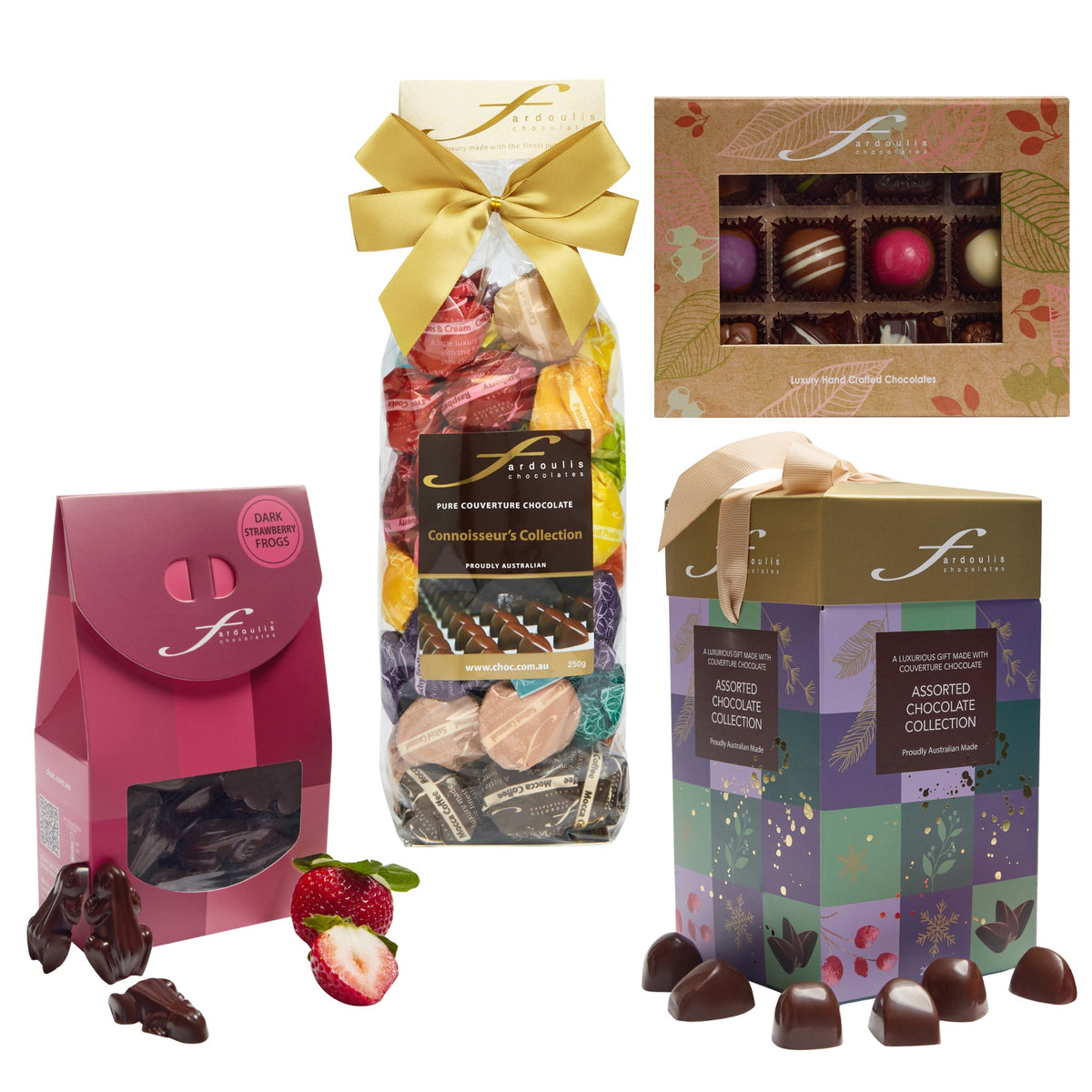 Celebrate with dark chocolate strawberry crème frogs, assorted truffles, Gumnut Gourmet chocolates and a Popart Mauve box in The Sweet Birthday gift pack.