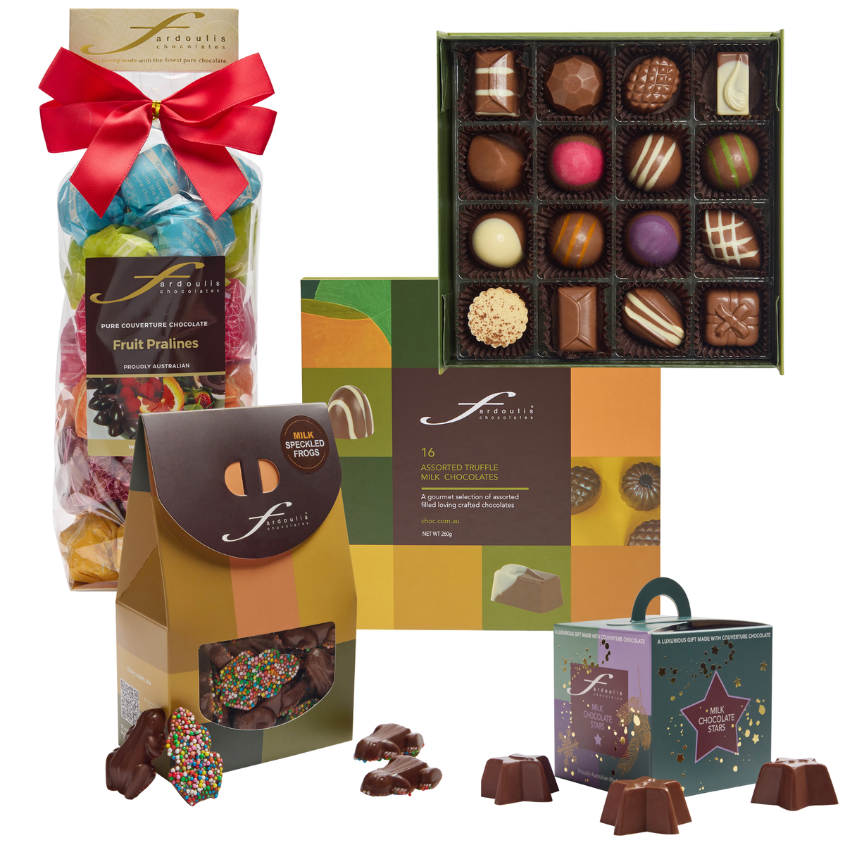 Explore fruit pralines and Popart milk chocolate treats in a four-piece gift pack, including frog speckles, a gourmet box and milk chocolate stars.