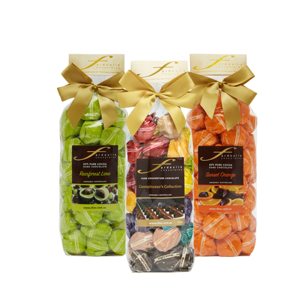 Explore lime and orange ganache chocolates with an assorted Connoisseurs bag. Three 250g chocolate gift bags from Fardoulis Chocolates.