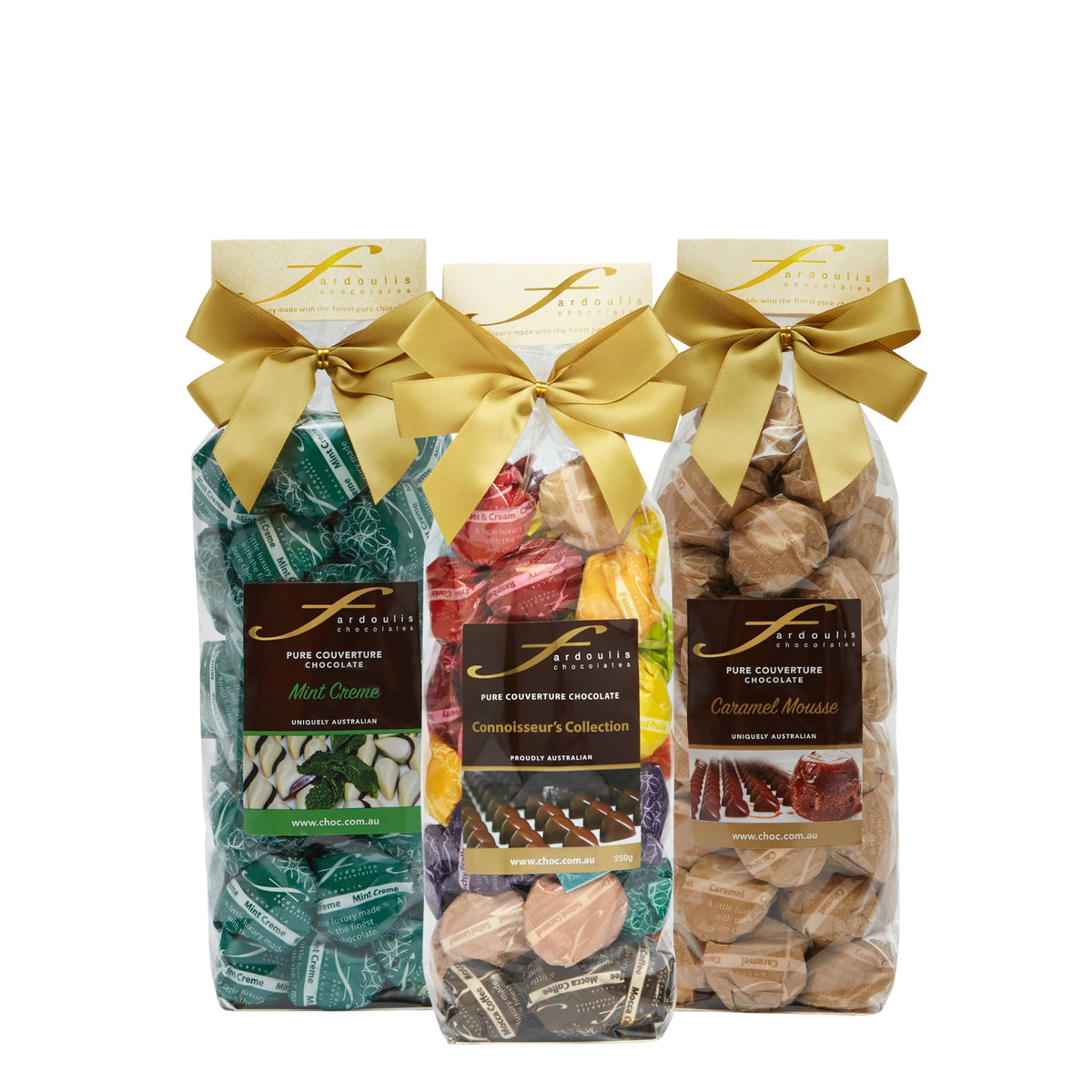 Discover mint crème, caramel mousse and assorted chocolates in three 250g gift bags. A chocolate gift pack from Fardoulis Chocolates.