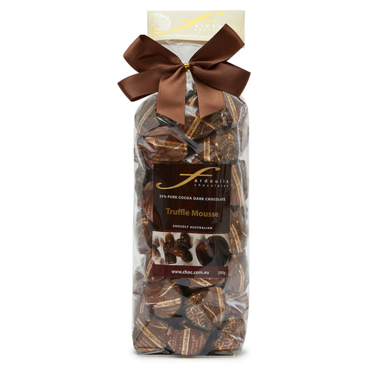 Rich and indulgent 55% dark chocolate mousse truffles in a gift bag — silky, melt-in-your-mouth centres wrapped in pure couverture chocolate. Shop Fardoulis Chocolates.