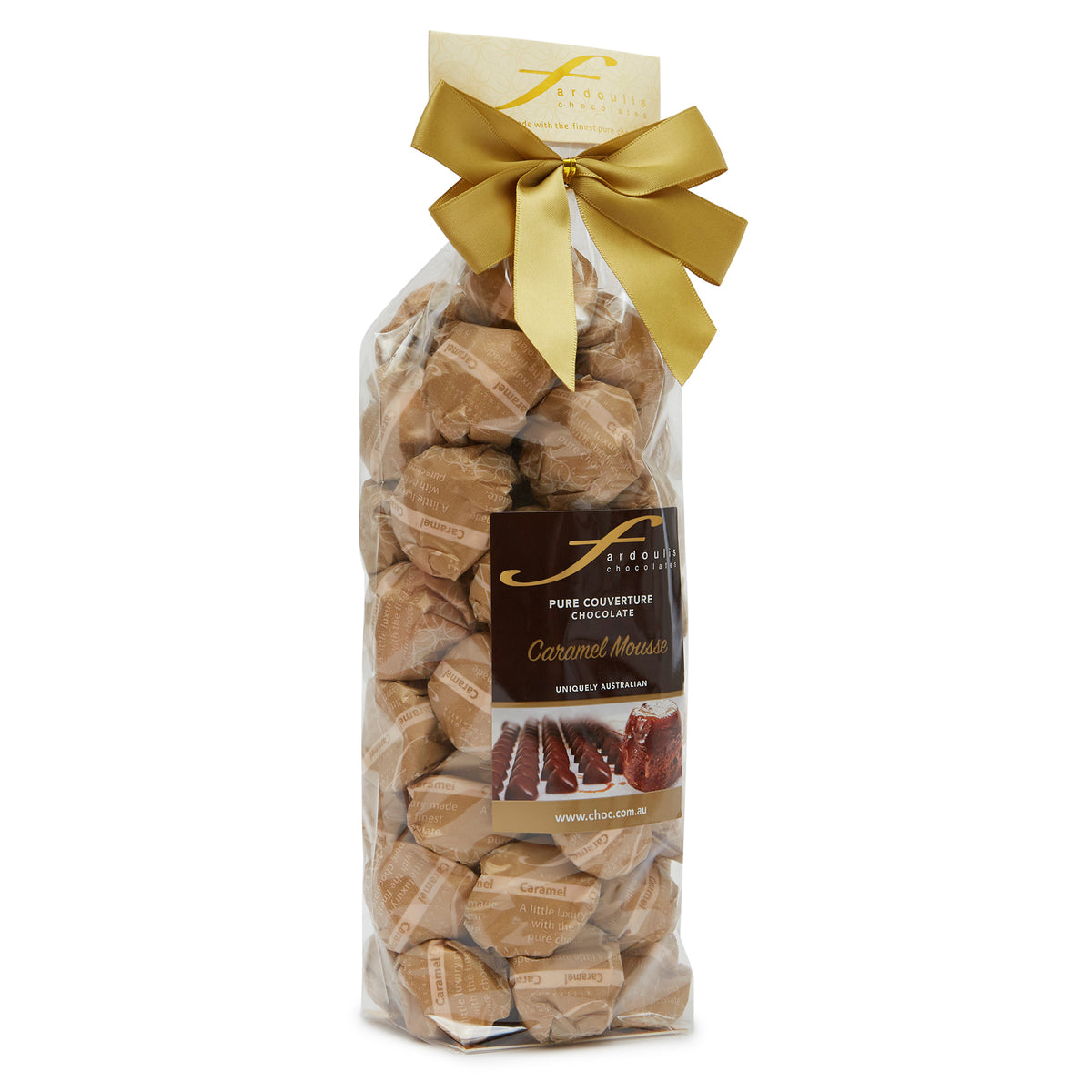 Smooth and sweet caramel mousse filled epicurean chocolates in a gift bag — made with pure couverture chocolate. A delightful gift from Fardoulis Chocolates.