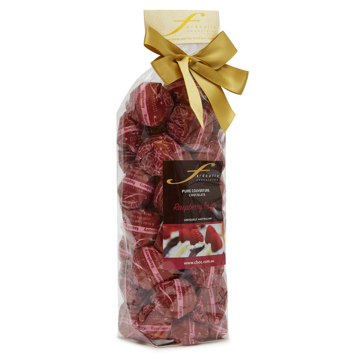 Tropical coconut creme filled epicurean chocolates in a gift bag — wrapped in pure couverture chocolate. A unique and delicious gift from Fardoulis Chocolates.