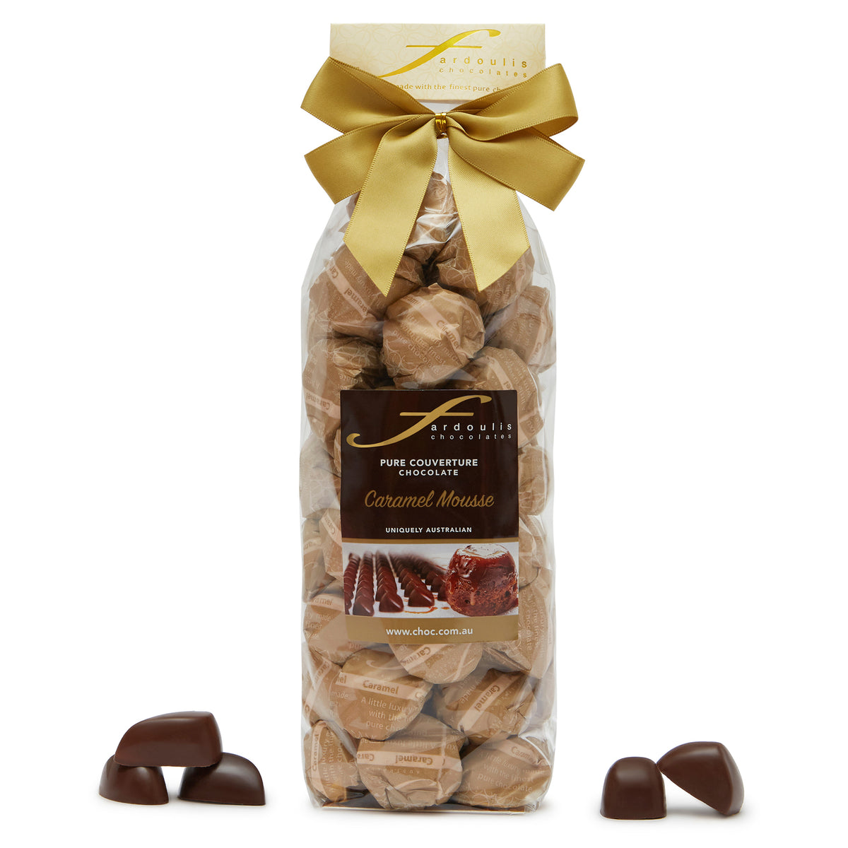 Smooth and sweet caramel mousse filled epicurean chocolates in a gift bag — made with pure couverture chocolate. A delightful gift from Fardoulis Chocolates.