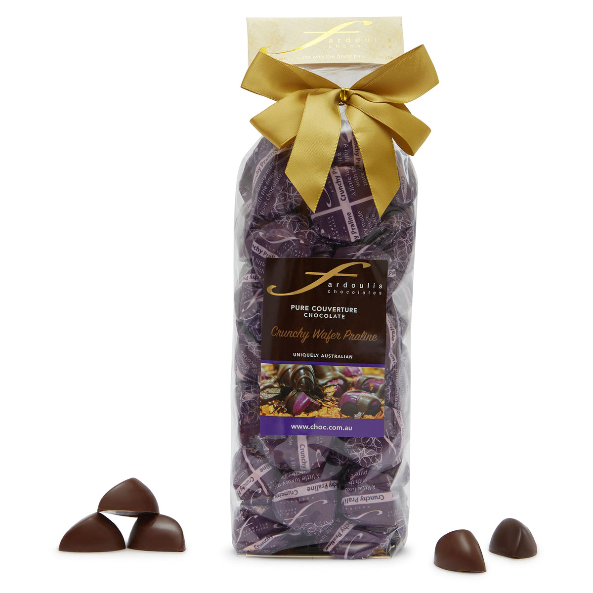 Our Crunchy Wafer Praline  chocolate gift bag features crispy wafer praline filled epicurean chocolates wrapped in pure couverture chocolate. Shop Fardoulis Chocolates.