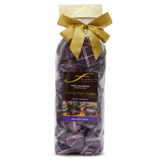 Our Crunchy Wafer Praline  chocolate gift bag features crispy wafer praline filled epicurean chocolates wrapped in pure couverture chocolate. Shop Fardoulis Chocolates.