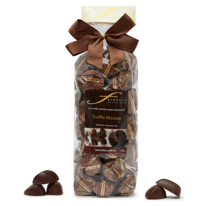 Rich and indulgent 55% dark chocolate mousse truffles in a gift bag — silky, melt-in-your-mouth centres wrapped in pure couverture chocolate. Shop Fardoulis Chocolates.