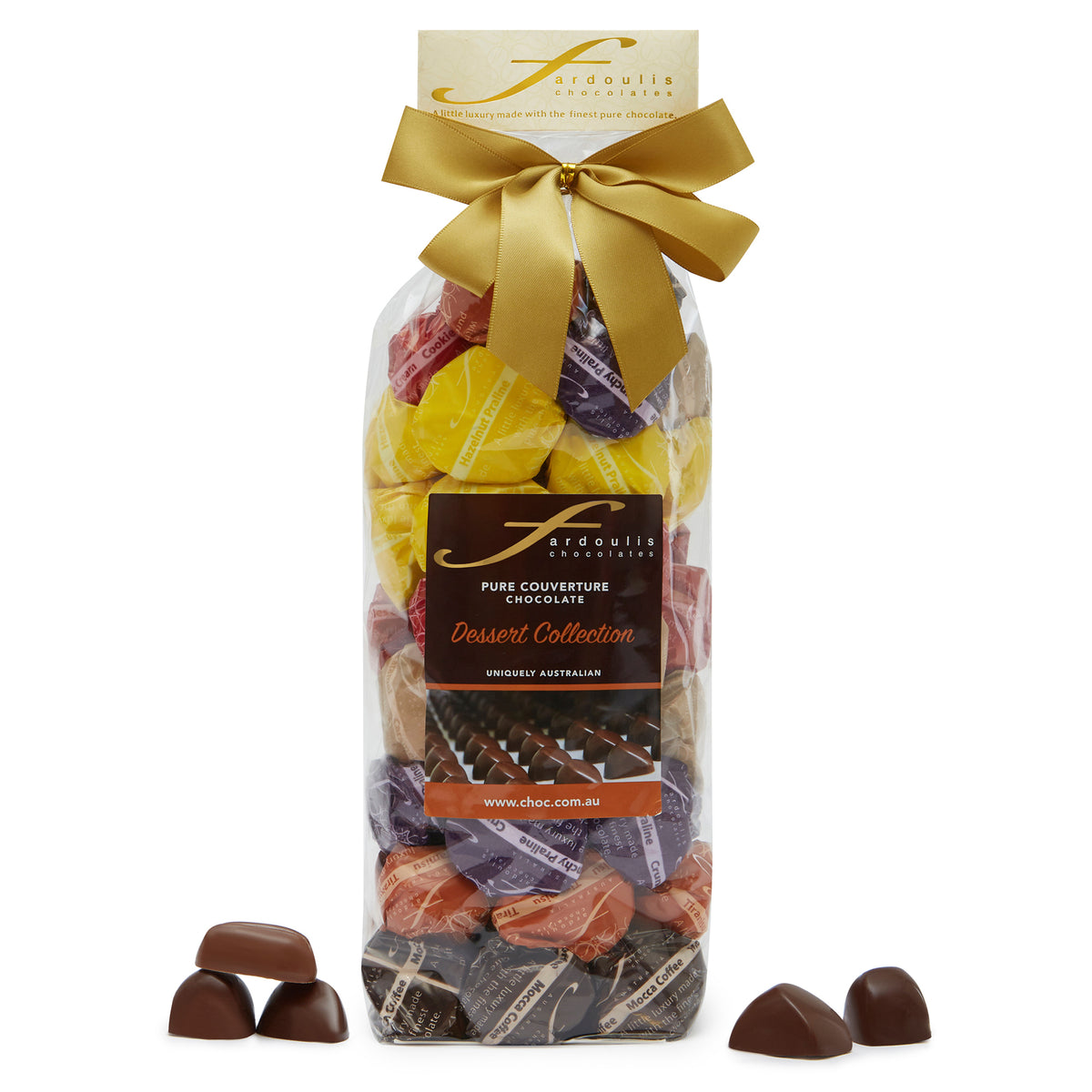 Discover our Dessert Pralines chocolate gift bag — a decadent assortment of praline filled epicurean chocolates made with pure couverture chocolate. Shop Fardoulis Chocolates.