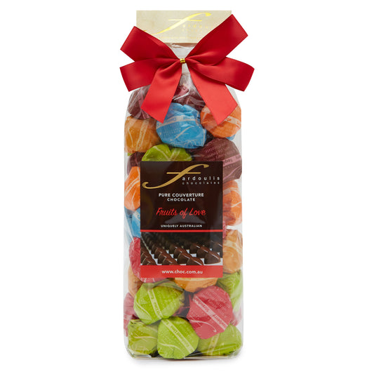 Our Fruits of Love chocolate gift bag features a fruity assortment of ganache filled epicurean chocolates wrapped in pure couverture chocolate. A beautiful gift from Fardoulis Chocolates.!