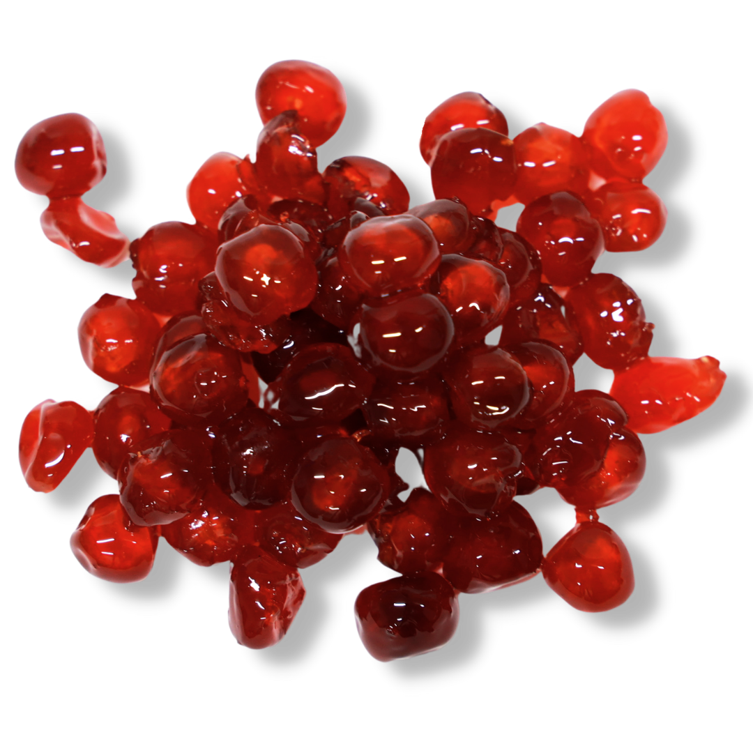 Shop glacé red cherries in 500 g or 1 kg sizes. A sweet, colourful ingredient for desserts, baking and special Christmas cake  occasions from Fardoulis Chocolates.