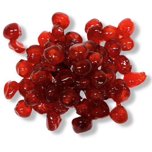 Shop glacé red cherries in 500 g or 1 kg sizes. A sweet, colourful ingredient for desserts, baking and special Christmas cake  occasions from Fardoulis Chocolates.