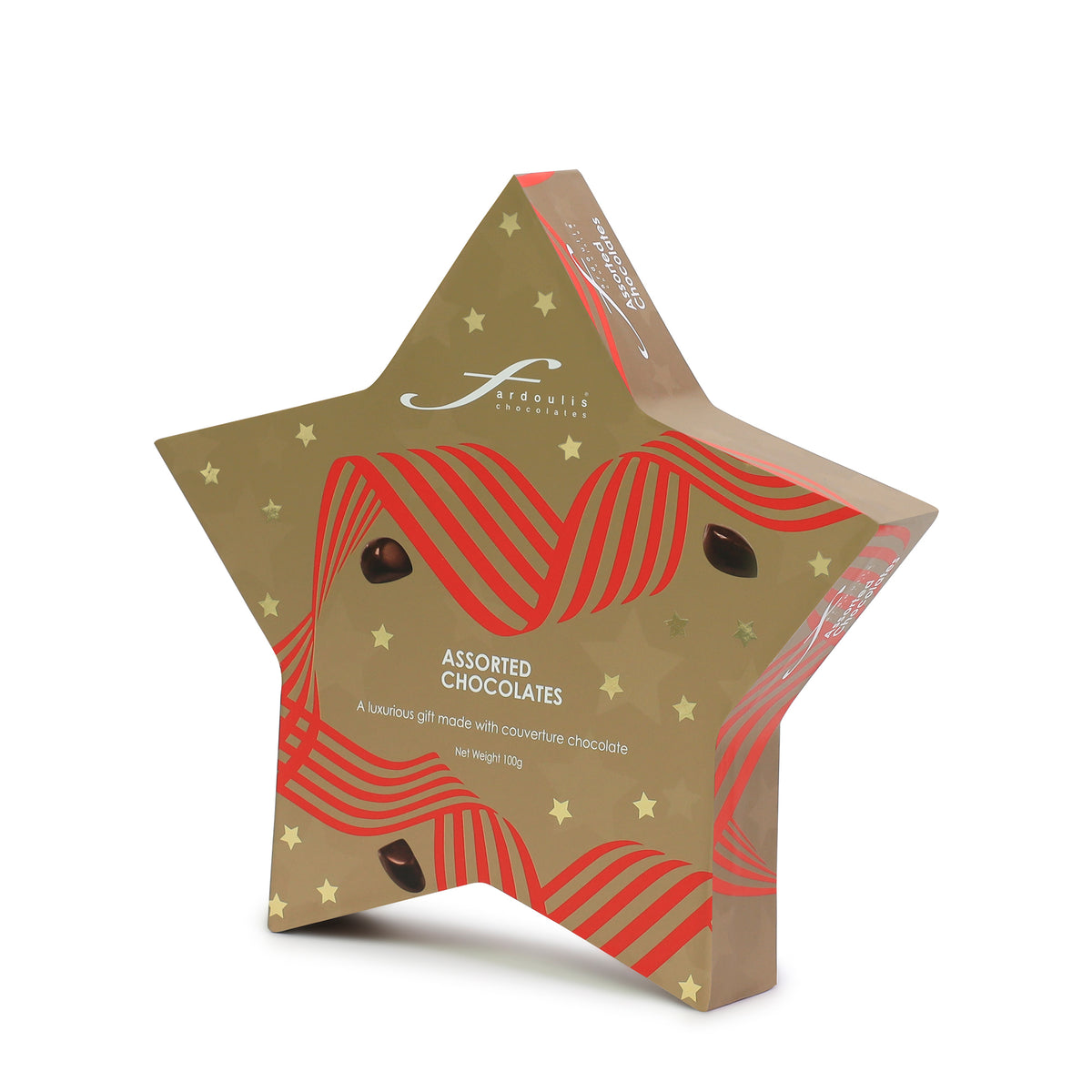 "Fardoulis Chocolates Star Gift Box featuring a festive star-themed design, filled with handcrafted couverture chocolates — perfect for Christmas gifting."