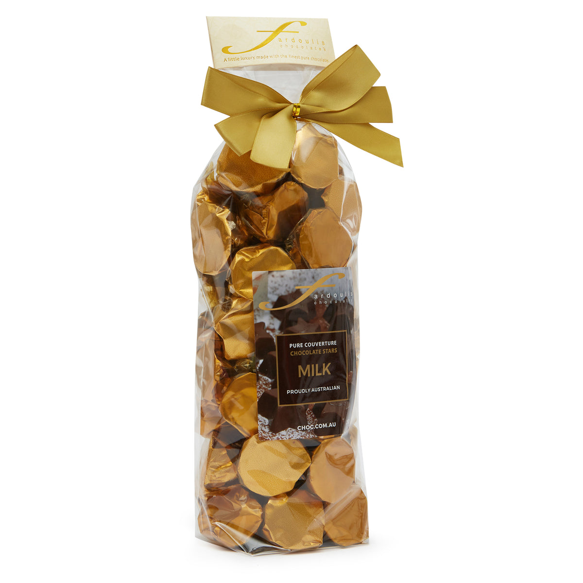 Smooth and creamy milk chocolate stars in a gift bag — made with pure couverture chocolate. A delightful gift for any occasion from Fardoulis Chocolates.