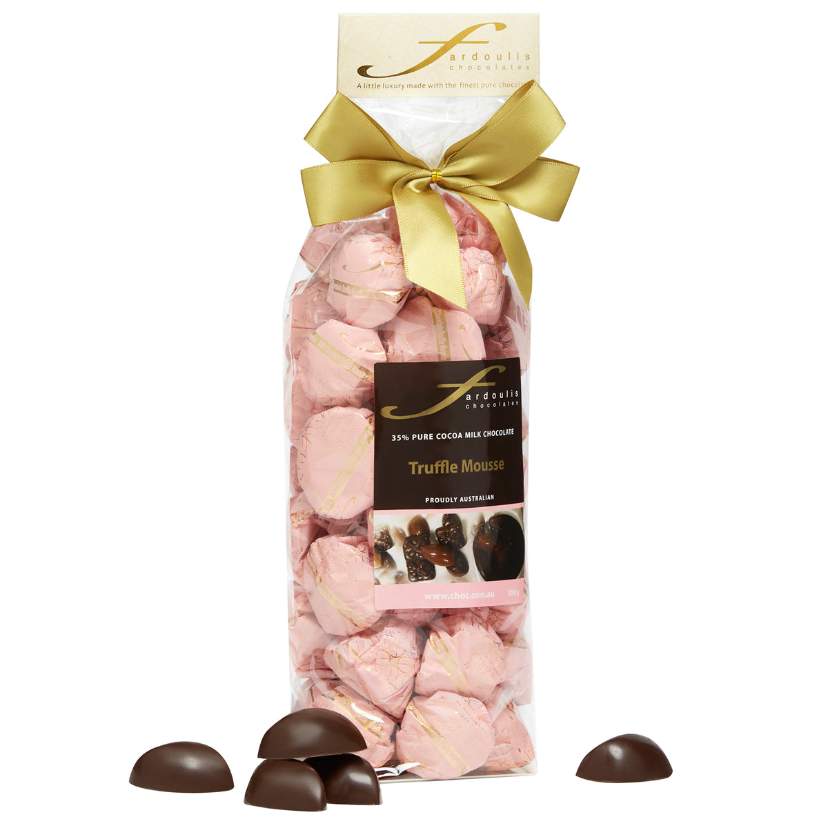 Smooth and creamy 35% milk chocolate mousse truffles in a gift bag — a luxurious treat made with pure couverture chocolate. Shop Fardoulis Chocolates.