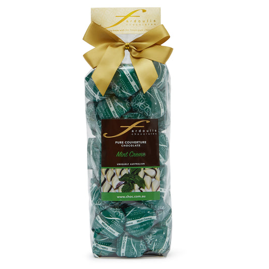 Cool and refreshing mint creme filled epicurean chocolates in a gift bag — wrapped in pure couverture chocolate. A classic gift from Fardoulis Chocolates.