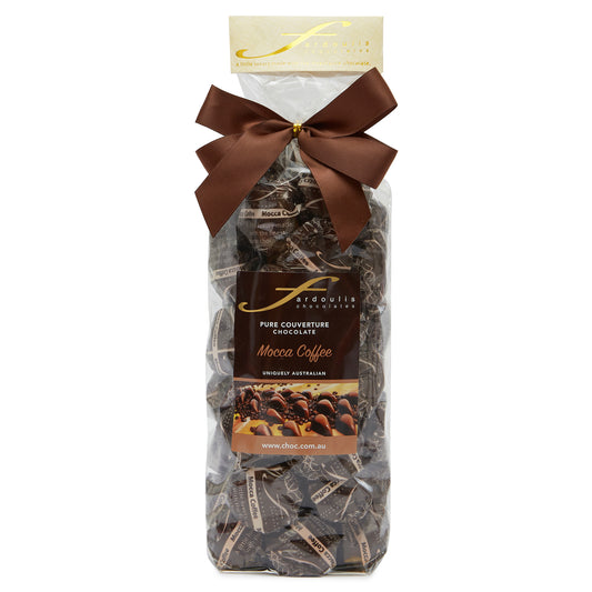 Rich mocca coffee filled epicurean chocolates in a gift bag — made with pure couverture chocolate. A perfect gift for coffee lovers from Fardoulis Chocolates.