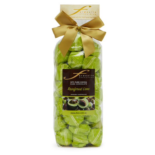 Tangy rainforest lime creme filled epicurean chocolates in a gift bag — made with pure couverture chocolate. A refreshing gift from Fardoulis Chocolates.