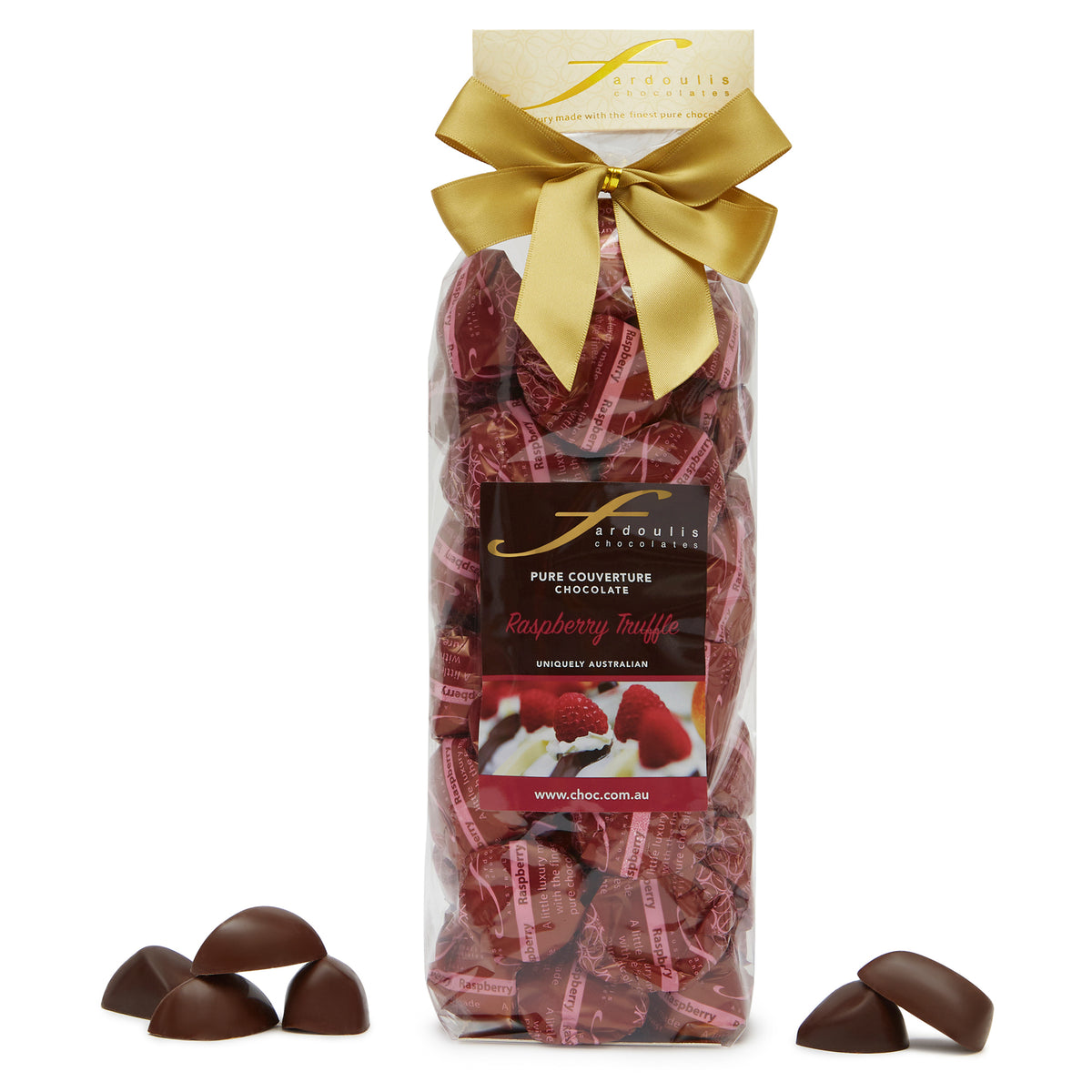 Tropical coconut creme filled epicurean chocolates in a gift bag — wrapped in pure couverture chocolate. A unique and delicious gift from Fardoulis Chocolates.