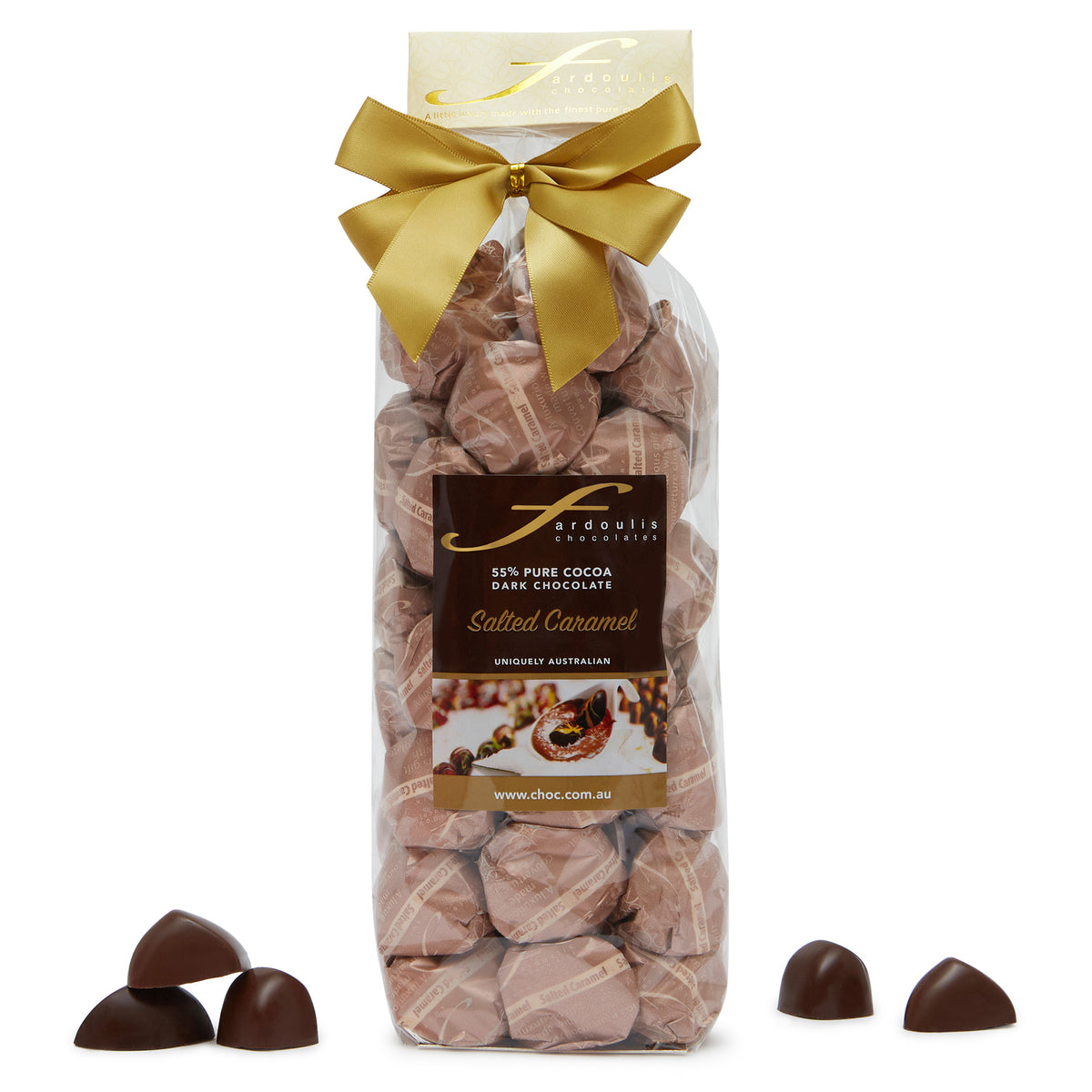 Indulge in our Salted Caramel truffle chocolate gift bag — smooth salted caramel ganache in pure couverture chocolate. A perfect gift from Fardoulis Chocolates.