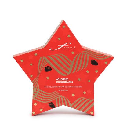 "Fardoulis Chocolates Star Gift Box featuring a festive star-themed design, filled with handcrafted couverture chocolates — perfect for Christmas gifting."
