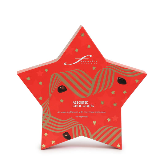 "Fardoulis Chocolates Star Gift Box featuring a festive star-themed design, filled with handcrafted couverture chocolates — perfect for Christmas gifting."