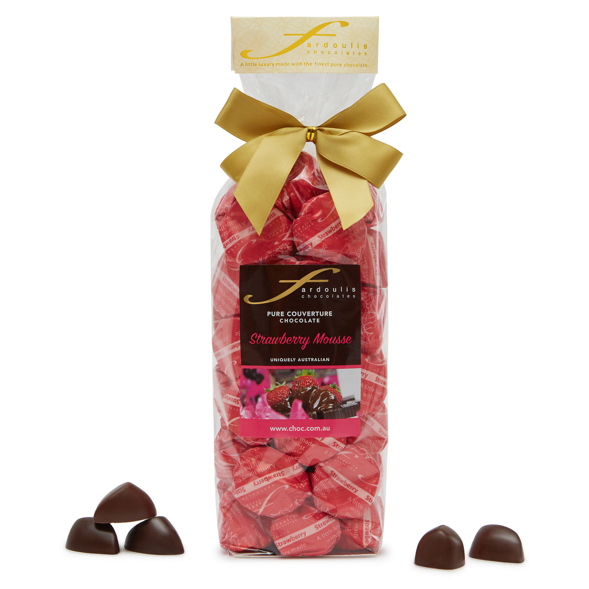 Indulge in our Strawberry Mousse chocolate gift bag — 25 strawberry ganache filled epicurean chocolates wrapped in pure couverture chocolate. A perfect sweet gift from Fardoulis Chocolates.