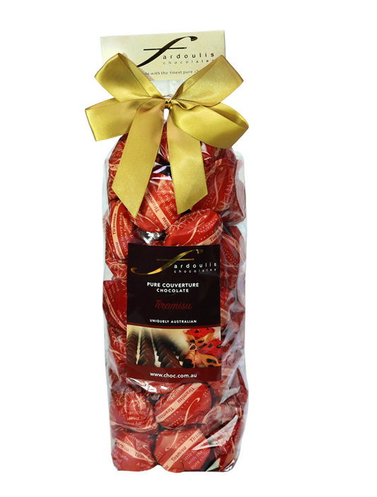 Italian Desset Tiramisu filled epicurean chocolates in a gift bag — made with pure couverture chocolate. A perfect gift for coffee lovers from Fardoulis Chocolates.
