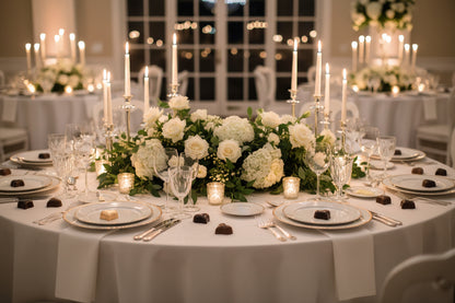 bronze foiled chocolate hearts on a wedding table setting 